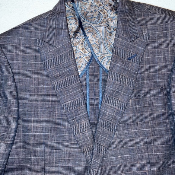 Egara Blue 100% Linen Plaid Windowpane Sport Coat Blazer 42 Long Slim Mens - Picture 3 of 14